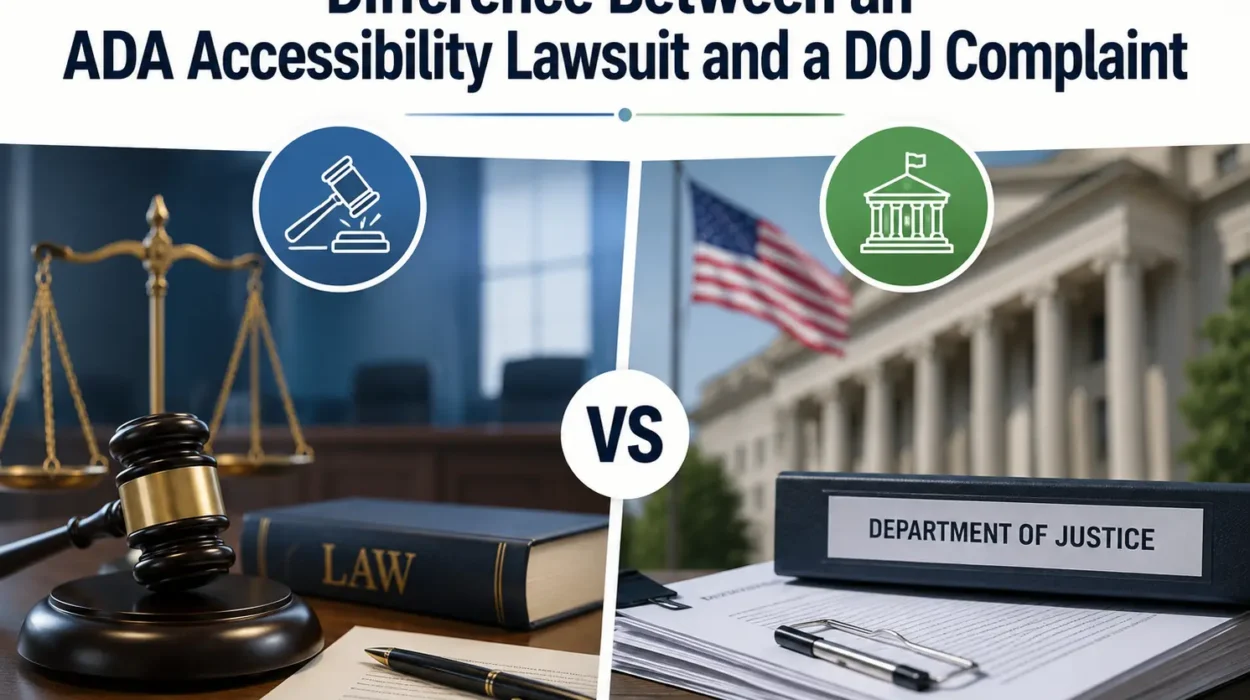 Illustration comparing an ADA accessibility lawsuit filed in court with a DOJ complaint filed with a federal agency.