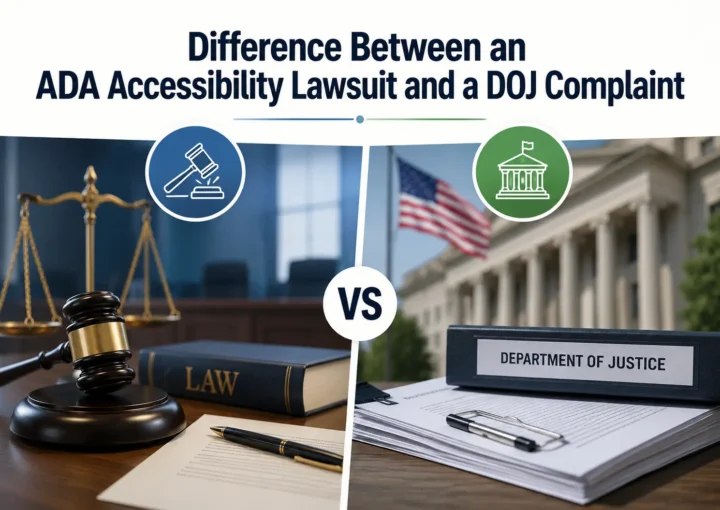 Illustration comparing an ADA accessibility lawsuit filed in court with a DOJ complaint filed with a federal agency.